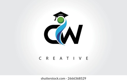 Logotipo de la carta creativa de CW con la tapa de la graduación y el humano Abstractas – Educación moderna y diseño del símbolo del aprendizaje	