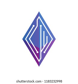 CW Initial letter block chain logo icon vector template. Looping mono line circuit letter on rhombus cube logo