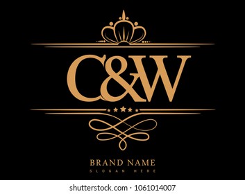 C&W Initial logo, Ampersand initial logo gold with crown and classic pattern