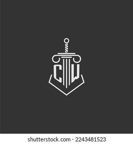 CW firma de ley de monograma inicial con diseño de logotipo de espada y pilar