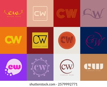 CW logo company template. Letter c and w logotype. Set different classic serif lettering and modern bold text with design elements. Initial font typography. Collection trendy business identity.