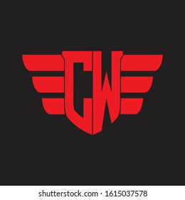 CW Logo monogram with emblem and wings element design template on red colors
