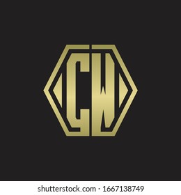 CW Logo monogram with hexagon line rounded design template with gold colors