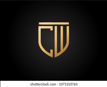 CW shield shape Letter Design in gold color
