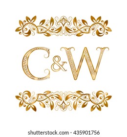 C&W vintage initials logo symbol. The letters are surrounded by ornamental elements. Wedding or business partners monogram in royal style.