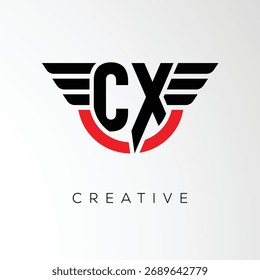 Logotipo de la letra de las alas creativas de CX con el escudo moderno - símbolo potente del negocio y de la marca	
