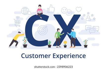 CX - Customer Experience concept with big word text acronym and team people in modern flat style vector illustration