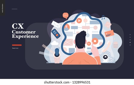 CX Customer Experience - Modern Flat Vector Concept Digital Illustration Of User Or Customer Experience, A User In Front Of Interface. Creative Landing Web Page Design Template