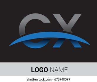 CX initial logo company name colored grey and blue swoosh design.