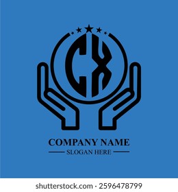 CX initials held within hands, symbolizing trust and protection. The circle represents unity, while stars highlight excellence and ambition.
