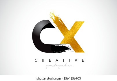 CX Letter Design with Black Golden Brush Stroke and Modern Look Vector Illustration.