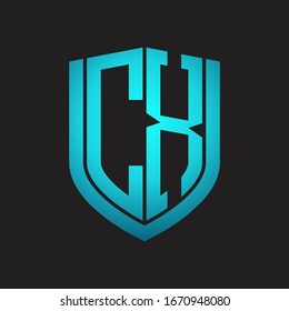 CX Logo monogram with emblem shield design isolated with blue colors on black background