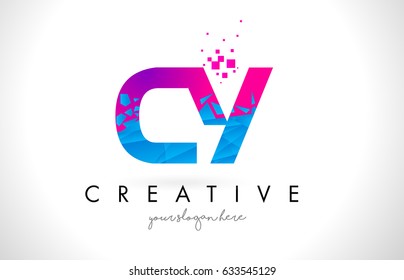 CY C Y Letter Logo with Broken Shattered Blue Pink Triangles Texture Design Vector Illustration.