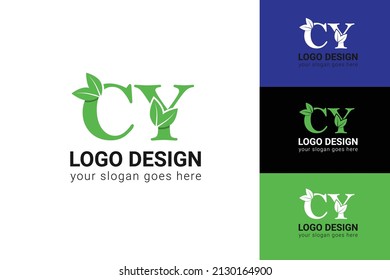 Logo eco de letras CY con hoja. Tipo de vectores para afiches de naturaleza, emblema ecológico, identidad vegana, tarjetas botánicas y de hierbas, etc. Logo de letras de ecología CY con hoja verde.
