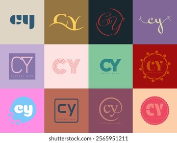 CY logo company template. Letter c and y logotype. Set different classic serif lettering and modern bold text with design elements. Initial font typography. Collection trendy business identity.