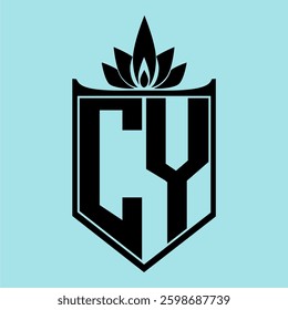 CY Logo featuring a minimalist design with a crown-like flower symbol on top, bold black elements, and a soft blue background, perfect for branding and modern visual identity.