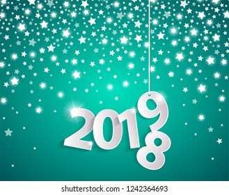 Cyan 2019 greeting card concept with paper cuted white numbers on silver star fall background. Change year concept. Happy New Year and Merry Christmas. Vector illustration