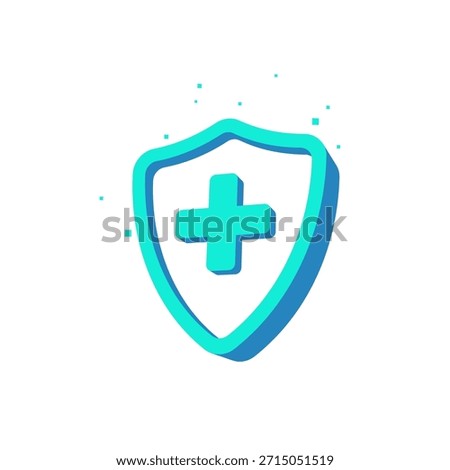 Cyan 3D medical shield icon large cross symbol. Isometric vector illustration healthcare protection standards.