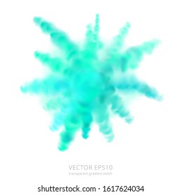 Cyan abstract burst. Explosion of color powder. Volume splash of turquoise pigment. Transparent fluffy cloud of teal dye. Realistic vector blast of dry paint that is thrown during the Holi festival