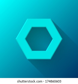 Cyan abstract polygon (hex) sign, blank button template with flat designed shadow and light background for internet sites, web user interfaces (ui) and applications (apps). Vector illustration.