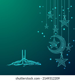 Cyan Arabic Calligraphy Of Eid Mubarak With Elegant Crescent Moon, Stars Hang On Gradient Teal Background.