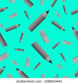 Cyan background with gray pencil and eraser seamless pattern