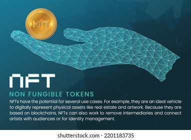 Cyan background non fungible token with golden NFT coin and polygon hand wallpaper concept