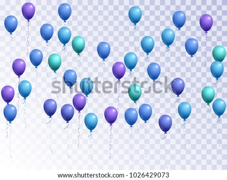 Cyan balloons group isolated vector illustration. Birthday gift or surprise elements. Marvelous helium flying balloons isolated bunch, party decor objects group design on transparent background.