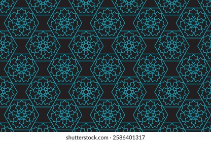 Cyan and Black thin line seamless vector pattern. Geometric floral linear flower tile pattern. 