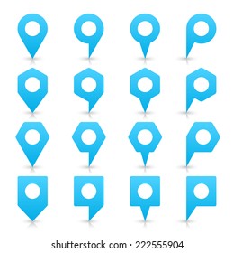 Cyan blank map pin sign location icon with white empty space and gray shadow, reflection on white background in simple flat style. Web design element in vector illustration 8 eps