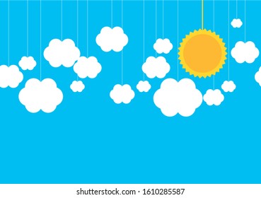 Cyan Blue Abstract Background with Sun and White Clouds Hanging on Strings