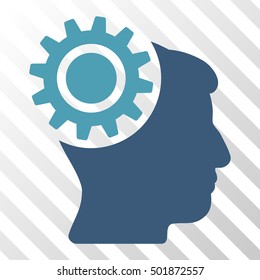 Cyan And Blue Brain Gear interface pictogram. Vector pictograph style is a flat bicolor symbol on diagonal hatch transparent background.