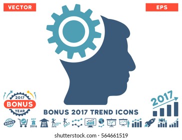 Cyan And Blue Brain Gear pictogram with bonus 2017 year trend design elements. Vector illustration style is flat iconic bicolor symbols, white background.