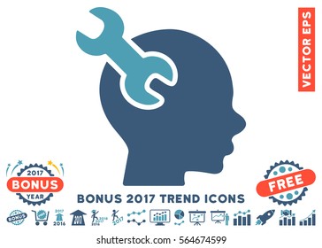 Cyan And Blue Brain Service Wrench pictogram with bonus 2017 trend icon set. Vector illustration style is flat iconic bicolor symbols, white background.