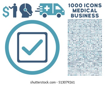 Cyan And Blue Checkbox vector bicolor rounded icon. Image style is a flat icon symbol inside a circle, white background. Bonus clipart has 1000 health care business pictographs.