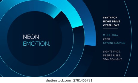 Cyan blue circle abstract synthpop music poster template with neon rings on dark background