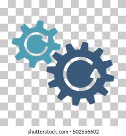 Cyan And Blue Cogs Rotation interface icon. Vector pictograph style is a flat bicolor symbol on chess transparent background.