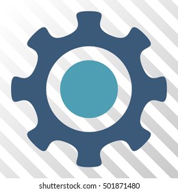 Cyan And Blue Cogwheel interface pictogram. Vector pictogram style is a flat bicolor symbol on diagonal hatch transparent background.