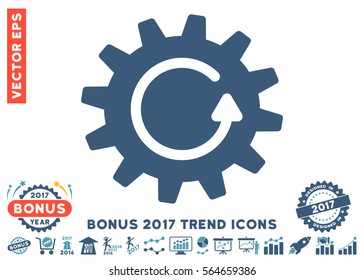Cyan And Blue Cogwheel Rotation icon with bonus 2017 trend symbols. Vector illustration style is flat iconic bicolor symbols, white background.