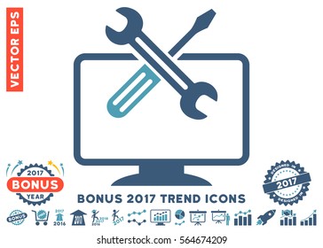 Cyan And Blue Computer Tools pictograph with bonus 2017 year trend elements. Vector illustration style is flat iconic bicolor symbols, white background.