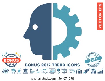 Cyan And Blue Cyborg Head icon with bonus 2017 year trend pictures. Vector illustration style is flat iconic bicolor symbols, white background.