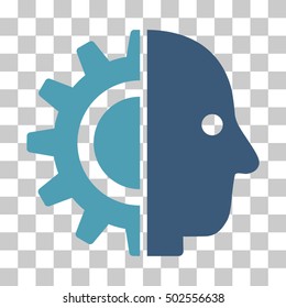 Cyan And Blue Cyborg Head interface icon. Vector pictograph style is a flat bicolor symbol on chess transparent background.