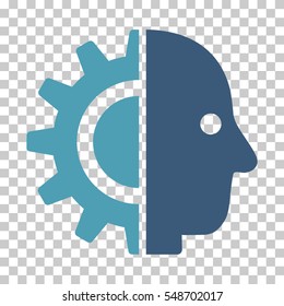 Cyan And Blue Cyborg Head interface toolbar pictogram. Vector pictograph style is a flat bicolor symbol on chess transparent background.