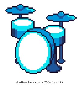 Cyan Blue Drum Kit, Isometric Pixel Art Icon, Isolated