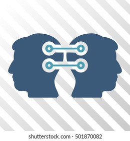 Cyan And Blue Dual Heads Interface Connection toolbar pictogram. Vector pictogram style is a flat bicolor symbol on diagonal hatch transparent background.