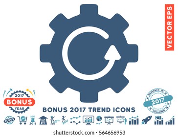 Cyan And Blue Gear Rotation pictograph with bonus 2017 year trend design elements. Vector illustration style is flat iconic bicolor symbols, white background.