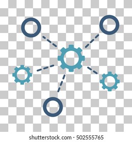 Cyan And Blue Gears Relations interface toolbar pictogram. Vector pictograph style is a flat bicolor symbol on chess transparent background.