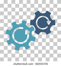 Cyan And Blue Gears Rotation interface toolbar icon. Vector pictogram style is a flat bicolor symbol on chess transparent background.