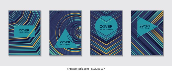 Cyan and blue halftone vector template with lines, triangles, circles. Title places. Vector journal design geometric shape background set, halftone lines hipster pattern abstract collection.