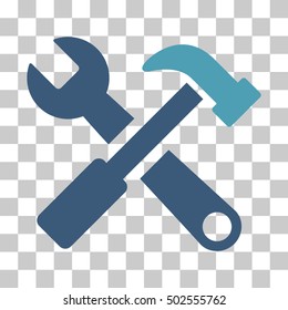 Cyan And Blue Hammer and Wrench interface toolbar icon. Vector pictograph style is a flat bicolor symbol on chess transparent background.